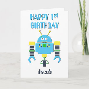 Happy 1st Birthday Blue Robot Card