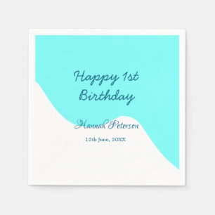 Happy 1st birthday blue wavy retro boho name date napkin