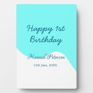 Happy 1st birthday blue wavy retro boho name date plaque