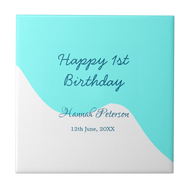 Happy 1st birthday blue wavy retro boho name date tile (Front)