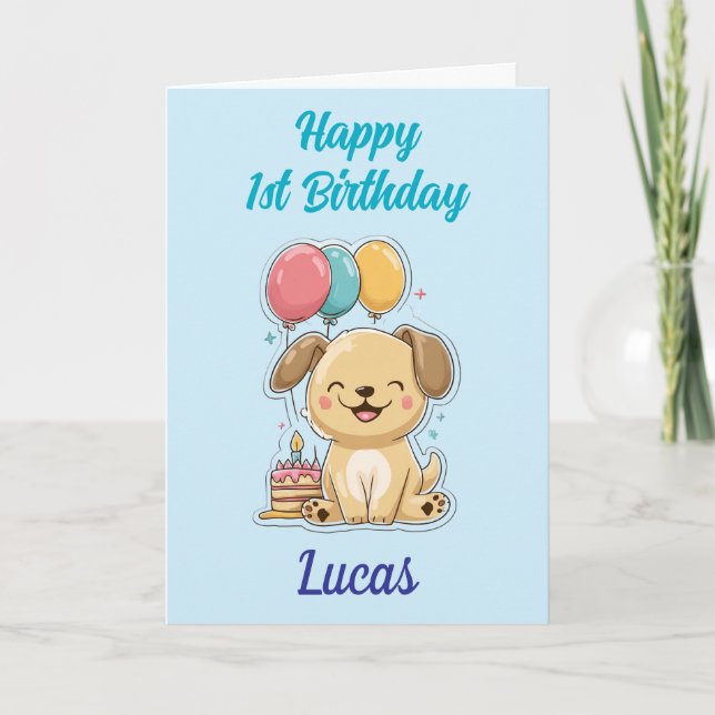Happy 1st Birthday, Boy, Cute Puppy, Personalised  Card (Front)
