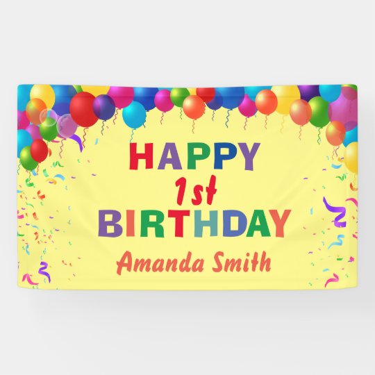 Happy 1st Birthday Colorful Balloons Yellow Banner | Zazzle.co.uk