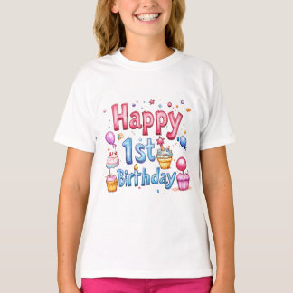 Happy 1st Birthday – Colorful Illustration Design  T-Shirt