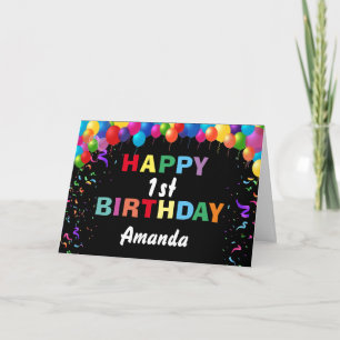 Happy 1st Birthday Colourful Balloons Black Card