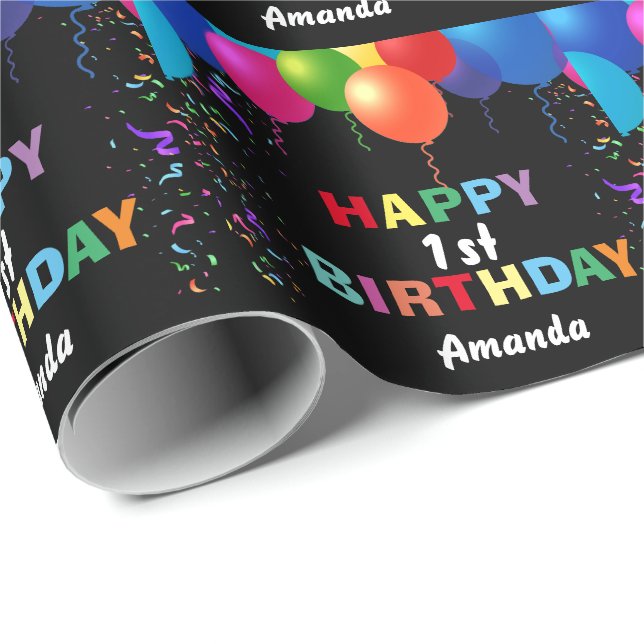 Happy 1st Birthday Colourful Balloons Black Wrapping Paper (Roll Corner)