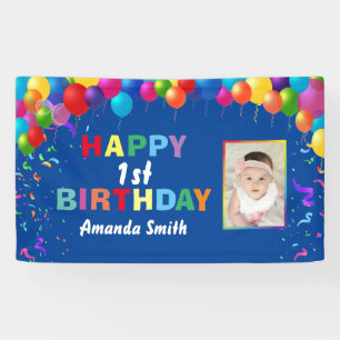 Happy 1st Birthday Colourful Balloons Blue Banner