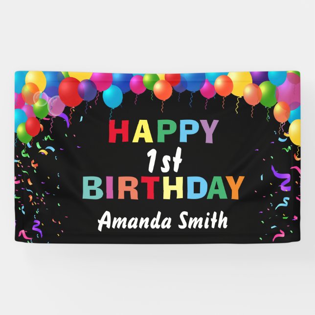 Happy 1st Birthday Colourful Balloons Confetti Banner (Horizontal)