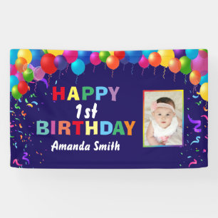 Happy 1st Birthday Colourful Balloons Navy Blue Banner