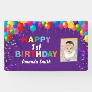 Happy 1st Birthday Colourful Balloons Purple Banner