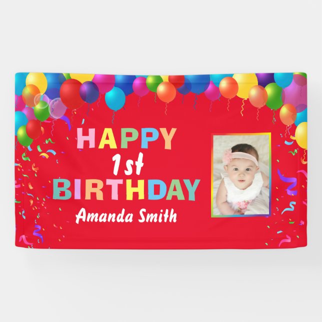 Happy 1st Birthday Colourful Balloons Red Banner (Horizontal)
