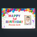 Happy 1st Birthday Colourful Balloons White Banner<br><div class="desc">Happy 1st Birthday Colourful Balloons Confetti White Photo Banner. For further customisation,  please click the "Customise it" button and use our design tool to modify this template.</div>