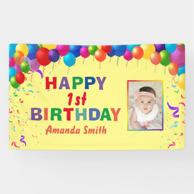 Happy 1st Birthday Colourful Balloons Yellow Banner (Horizontal)