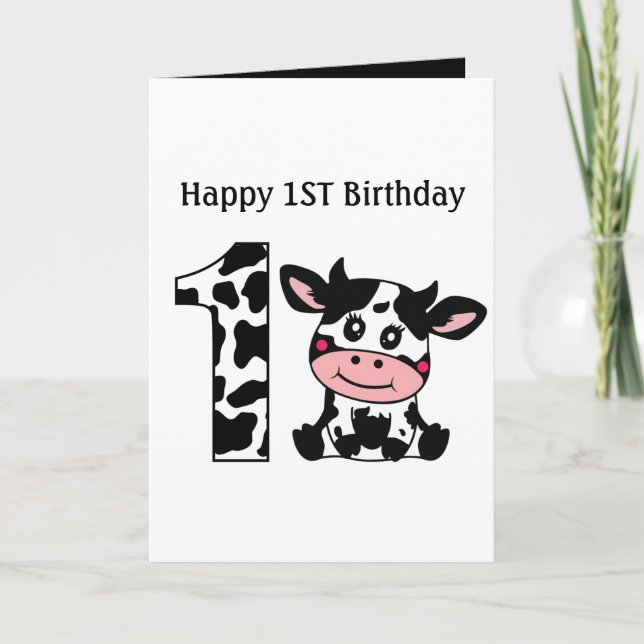 Happy 1st Birthday cow add message Card (Front)