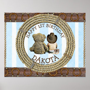 Happy 1st Birthday Cowboy and Teddy Bear Boy's Poster