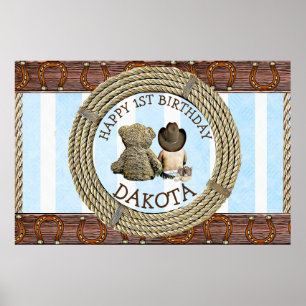 Happy 1st Birthday Cowboy and Teddy Bear Boy's Poster