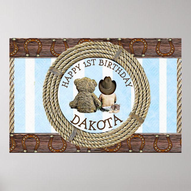 Happy 1st Birthday Cowboy and Teddy Bear Boy's Poster (Front)