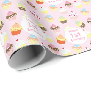 Happy 1st Birthday Cupcake Pink  Wrapping Paper