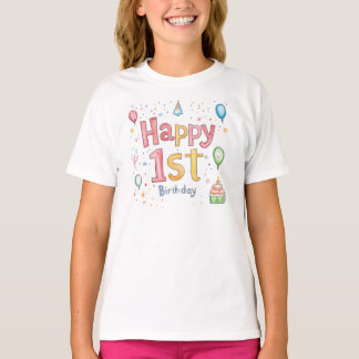 Happy 1st Birthday – Cute Birthday Card with pink  T-Shirt