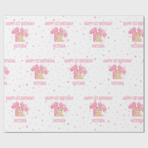 Happy 1st Birthday Cute Little Pink Bear Girl  Wrapping Paper