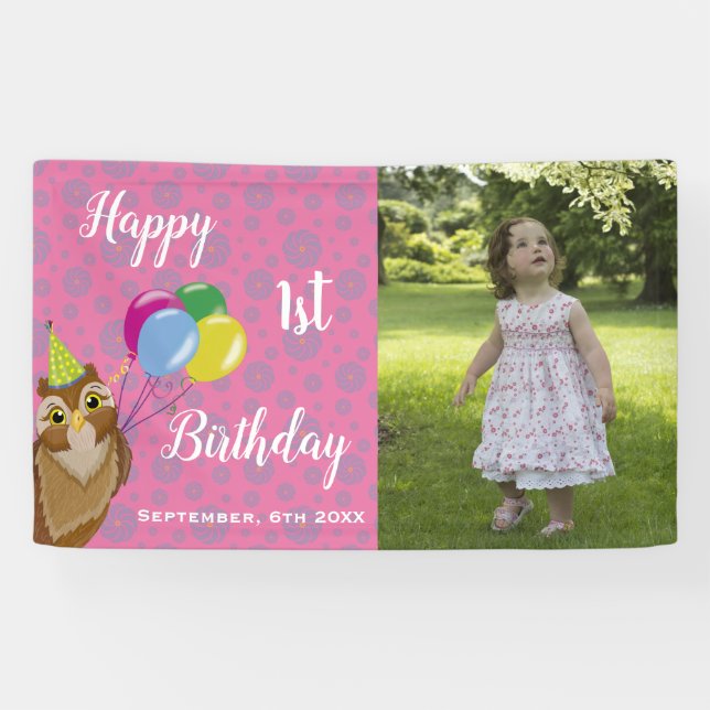 Happy 1st Birthday Cute Pink Owl Balloons Banner (Horizontal)