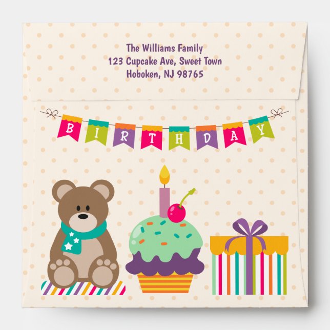 Happy 1st Birthday Cute Teddy Bear Cupcake Bunting Envelope (Back (Top Flap))