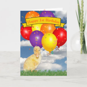 Happy 1st Birthday Ducklings Colourful Balloons Card
