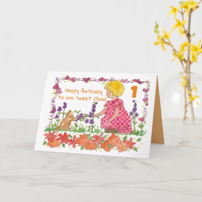 Happy 1st Birthday Girl Blonde Hair Kitten  Card (Yellow Flower)