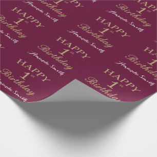 Happy 1st Birthday Gold Glitter and Burgundy Red Wrapping Paper