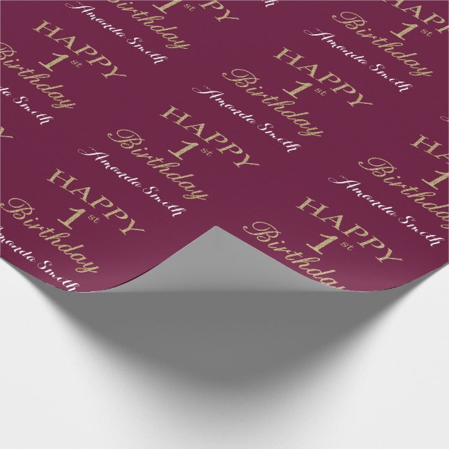 Happy 1st Birthday Gold Glitter and Burgundy Red Wrapping Paper (Corner)