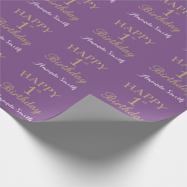 Happy 1st Birthday Gold Glitter and Purple Wrapping Paper (Corner)
