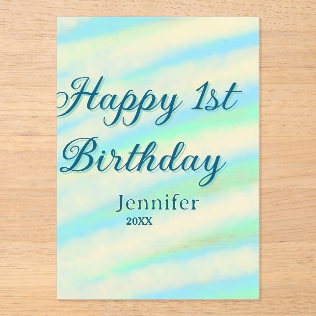 Happy 1st birthday kids baby blue green pastel ret acrylic invitations (Front)