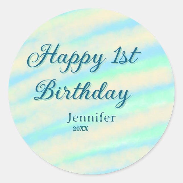 Happy 1st birthday kids baby blue green pastel ret classic round sticker (Front)