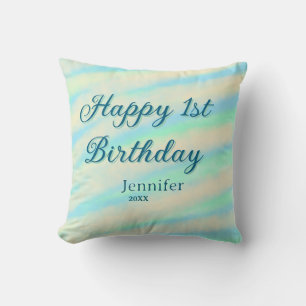 Happy 1st birthday kids baby blue green pastel ret cushion