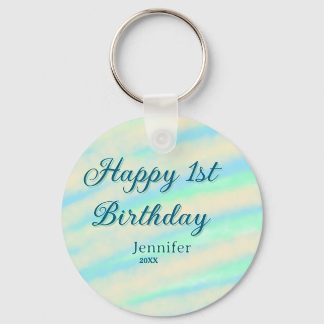 Happy 1st birthday kids baby blue green pastel ret key ring (Front)