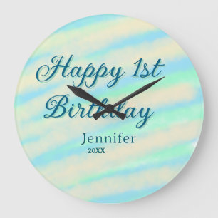 Happy 1st birthday kids baby blue green pastel ret large clock