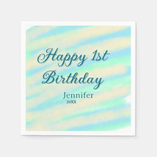 Happy 1st birthday kids baby blue green pastel ret napkin
