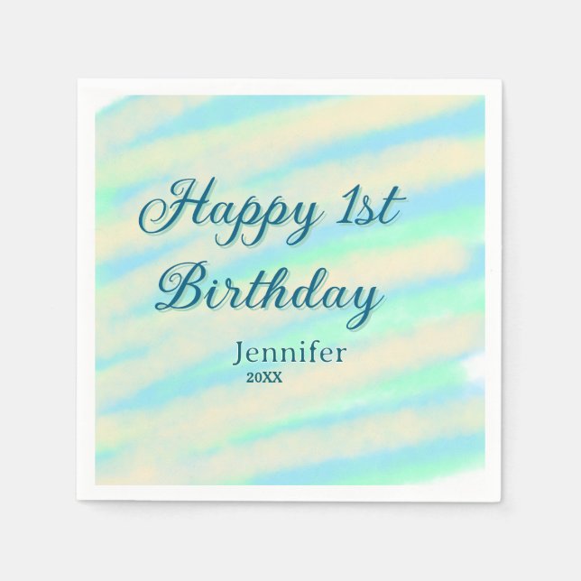 Happy 1st birthday kids baby blue green pastel ret napkin (Front)