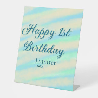 Happy 1st birthday kids baby blue green pastel ret pedestal sign