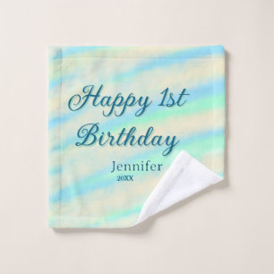 Happy 1st birthday kids baby blue green pastel ret wash cloth