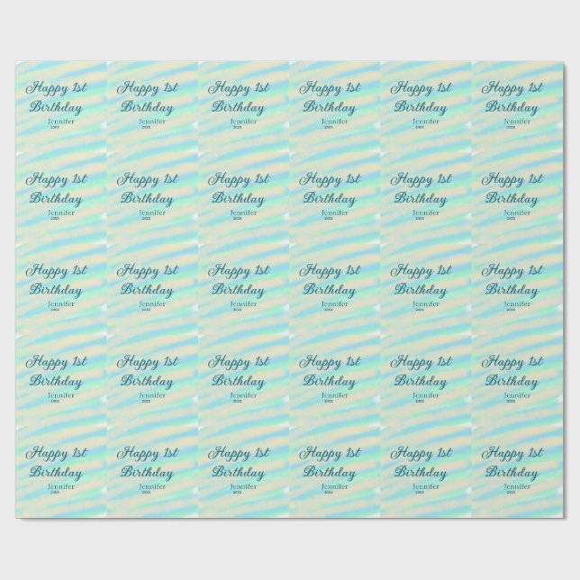 Happy 1st birthday kids baby blue green pastel ret wrapping paper (Flat)