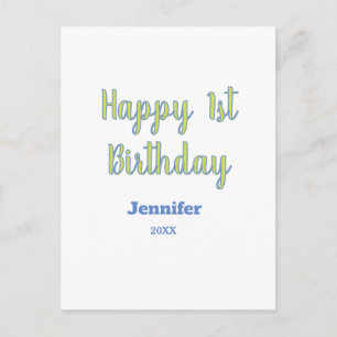 Happy 1st birthday kids baby green blue pastel tre postcard