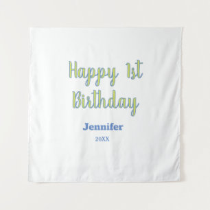 Happy 1st birthday kids baby green blue pastel tre tapestry