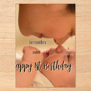 Happy 1st birthday kids baby mother black yellow acrylic invitations