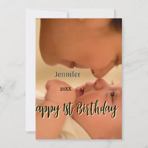 Happy 1st birthday kids baby mother black yellow invitation