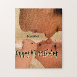 Happy 1st birthday kids baby mother black yellow jigsaw puzzle