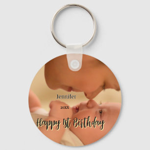 Happy 1st birthday kids baby mother black yellow key ring