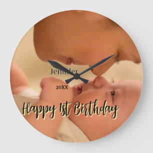 Happy 1st birthday kids baby mother black yellow large clock