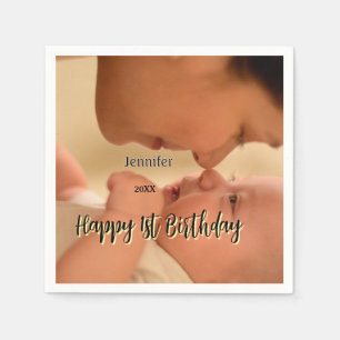 Happy 1st birthday kids baby mother black yellow napkin