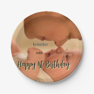 Happy 1st birthday kids baby mother black yellow paper plate