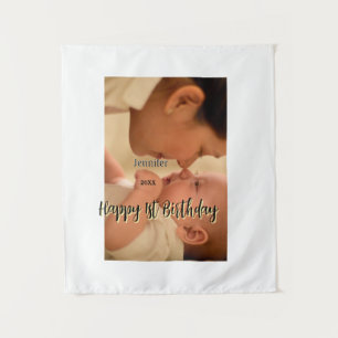 Happy 1st birthday kids baby mother black yellow tapestry